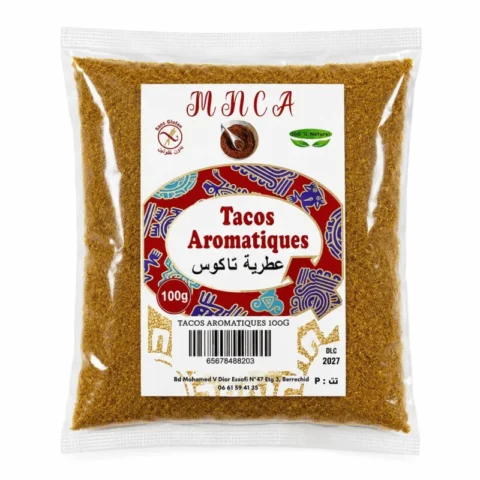 MNCA Tacos Aromatiques 100g, mélange d’épices sans gluten pour tacos et recettes mexicaines en sachet transparent.