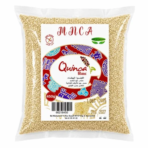 Texte alternatif : MNCA Quinoa Blanc 450g, quinoa blanc sans gluten 100% naturel en sachet transparent.