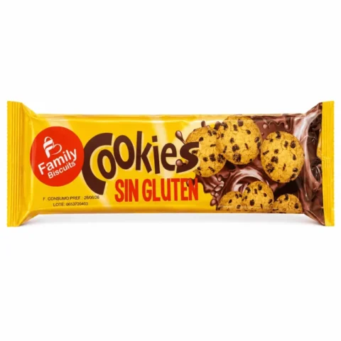 Family Biscuits Cookies Sin Gluten, biscuits cookies sans gluten aux pépites de chocolat en paquet jaune.