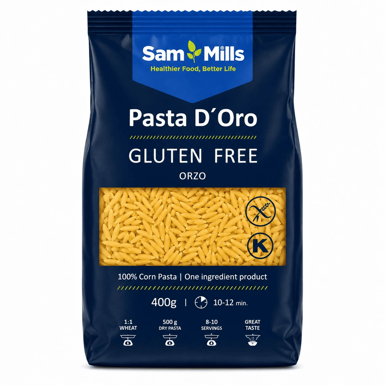 Sam Mills Pasta D’Oro Orzo Sans Gluten 400g Sam Mills Pasta D’Oro Orzo Sans Gluten 400g, petites pâtes 100% maïs.