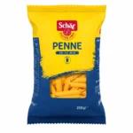 Schär Penne Sans Gluten 250g, pâtes penne sans gluten en sachet jaune et bleu.