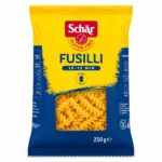 Schär Fusilli Sans Gluten 250g, pâtes spirales sans gluten en sachet jaune et bleu.