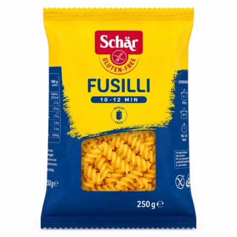 Schär Fusilli Sans Gluten 250g, pâtes spirales sans gluten en sachet jaune et bleu.