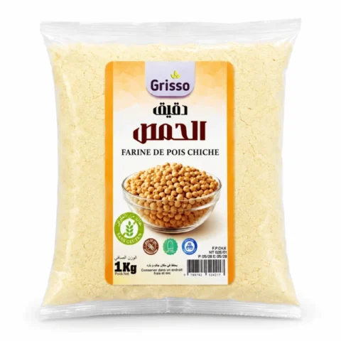 Grisso Farine de Pois Chiche Sans Gluten 1Kg en sachet transparent.