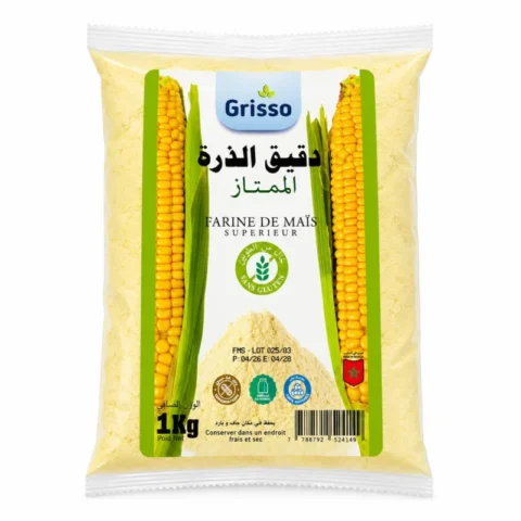 Grisso Farine de Maïs Supérieur Sans Gluten 1Kg en sachet transparent.