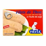 Fiesta Filets de Thon à l’Huile de Soja 125g, conserve de thon en boîte rouge et jaune.
