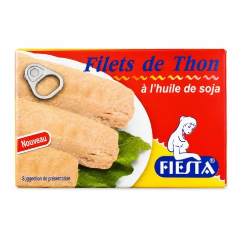 Fiesta Filets de Thon à l’Huile de Soja 125g, conserve de thon en boîte rouge et jaune.