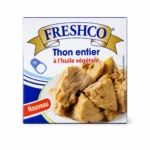 Freshco Thon Entier à l’Huile Végétale 80g, conserve de thon en boîte blanche et bleue.