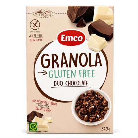 Emco Granola Gluten Free Duo Chocolate 340g, granola sans gluten au double chocolat.