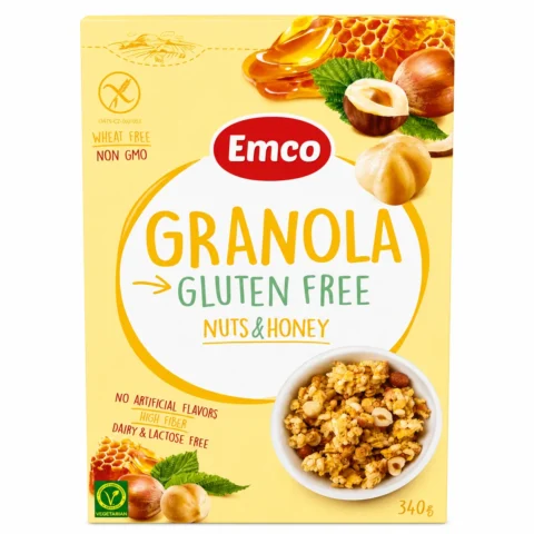 Emco Granola Gluten Free Nuts & Honey 340g, granola sans gluten au miel et fruits à coque.