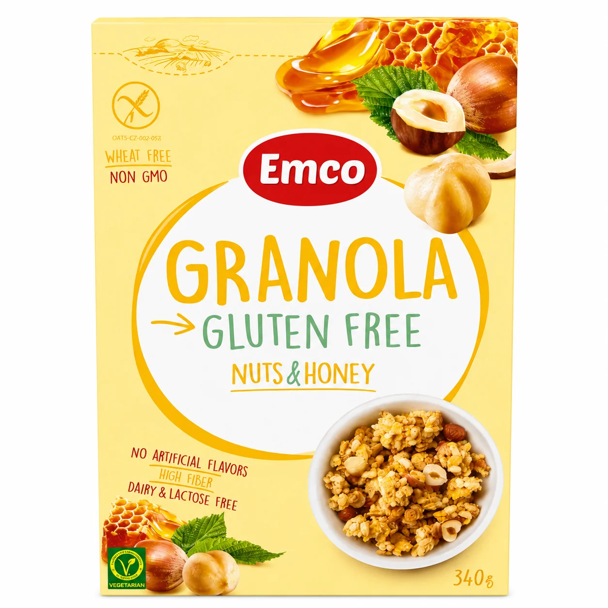 Emco Granola Nuts & Honey Sans Gluten 340g Emco Granola Gluten Free Nuts & Honey 340g, granola sans gluten au miel et fruits à coque.