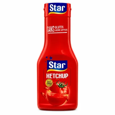 Star Ketchup Sans Gluten 190g, bouteille rouge de sauce ketchup à la tomate.