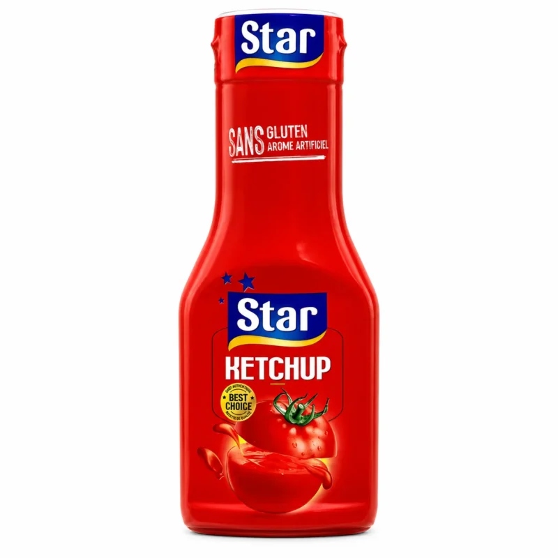 Star Ketchup Sans Gluten 190g Star Ketchup Sans Gluten 190g, bouteille rouge de sauce ketchup à la tomate.