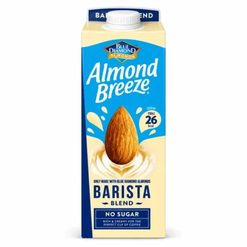 Blue Diamond Almond Breeze Barista Blend No Sugar 1L, boisson à l’amande pour café en brique beige et bleue.