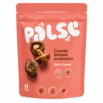 Pulse Crunchy Shiitake Mushrooms Salt & Pepper, snack vegan sans gluten en sachet rose.