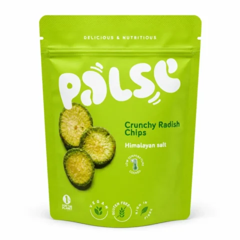 Pulse Crunchy Radish Chips Himalayan Salt, chips de radis vegan sans gluten en sachet vert clair.