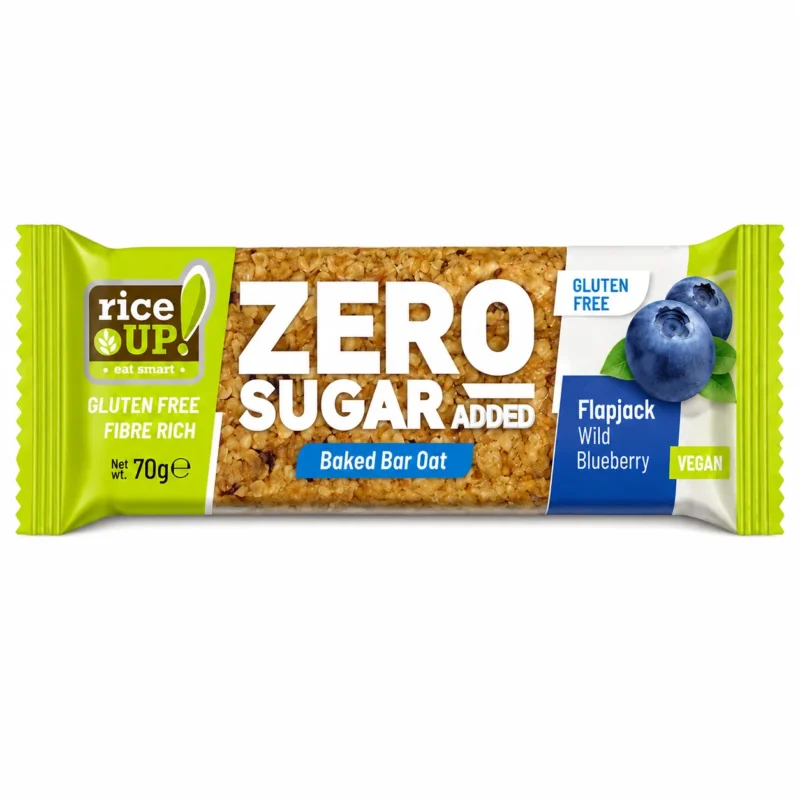 Rice Up Flapjack Wild Blueberry 70g Rice Up Zero Sugar Added Flapjack Wild Blueberry 70g, barre d’avoine sans gluten à la myrtille sauvage.