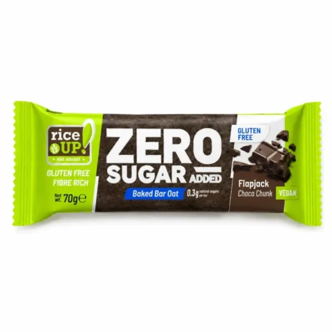 Rice Up Zero Sugar Added Flapjack Choco Chunk 70g, barre d’avoine sans gluten aux morceaux de chocolat.