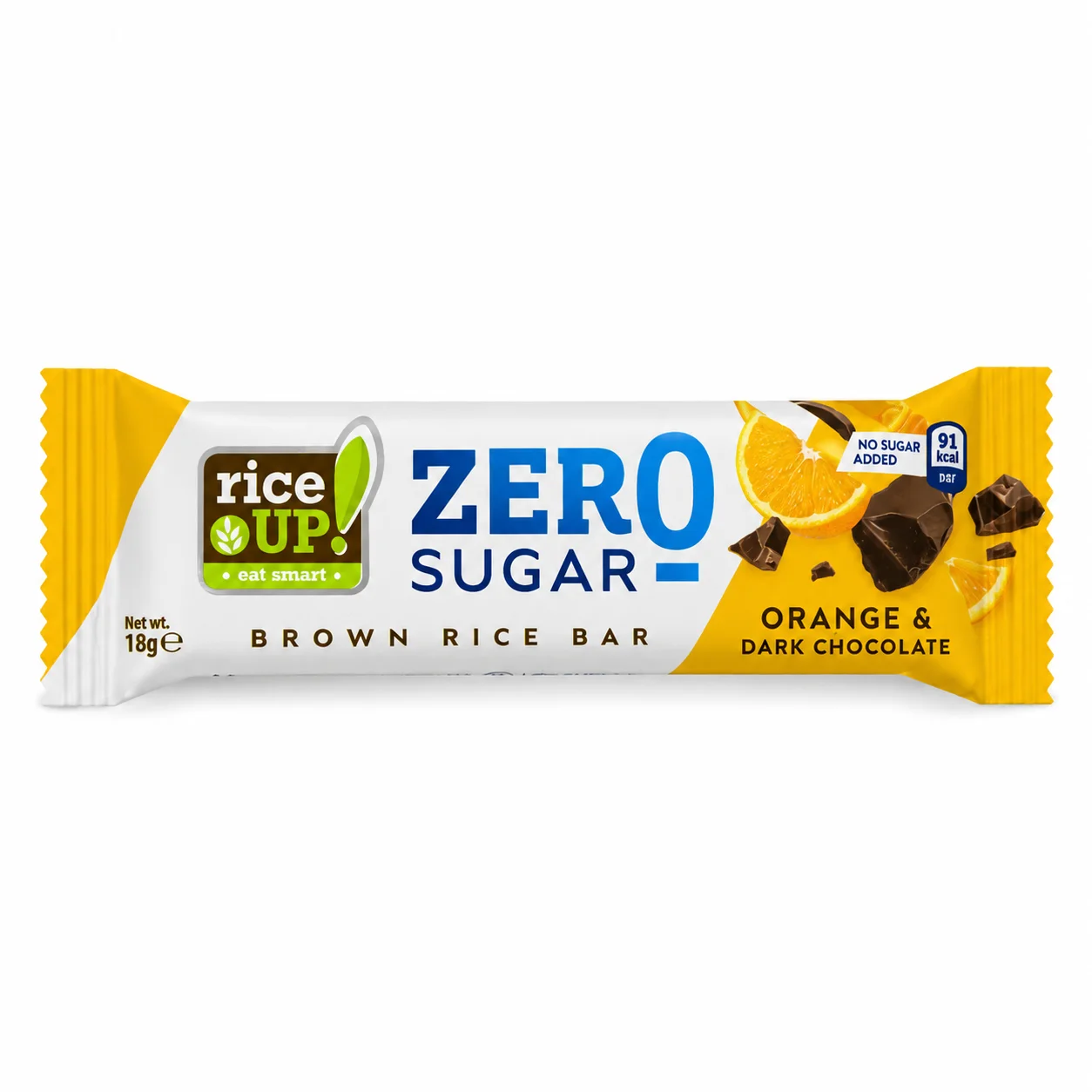 Rice Up Brown Rice Bar Orange & Dark Chocolate 18g Rice Up Zero Sugar Brown Rice Bar Orange & Dark Chocolate 18g, barre de riz brun orange chocolat noir.
