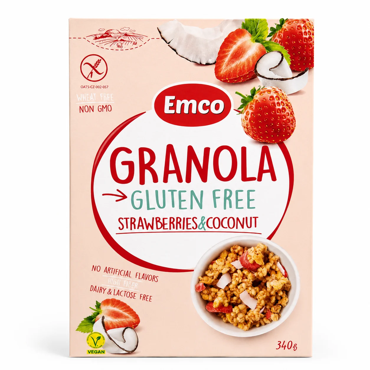 Emco Granola Strawberries Coconut Sans Gluten 340g Emco Granola Gluten Free Strawberries & Coconut 340g, granola sans gluten fraise et noix de coco.