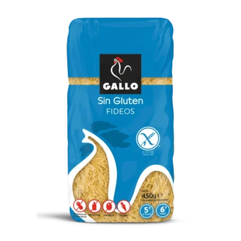 Gallo Fideos Sans Gluten 450g, vermicelles sans gluten en sachet bleu.