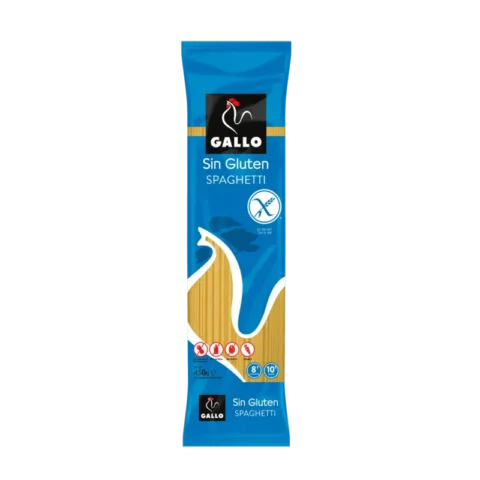 Gallo Spaghetti Sans Gluten 450g, pâtes longues sans gluten en sachet bleu.