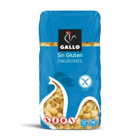 Gallo Tiburones Sans Gluten 450g, pâtes coquilles sans gluten en sachet bleu.