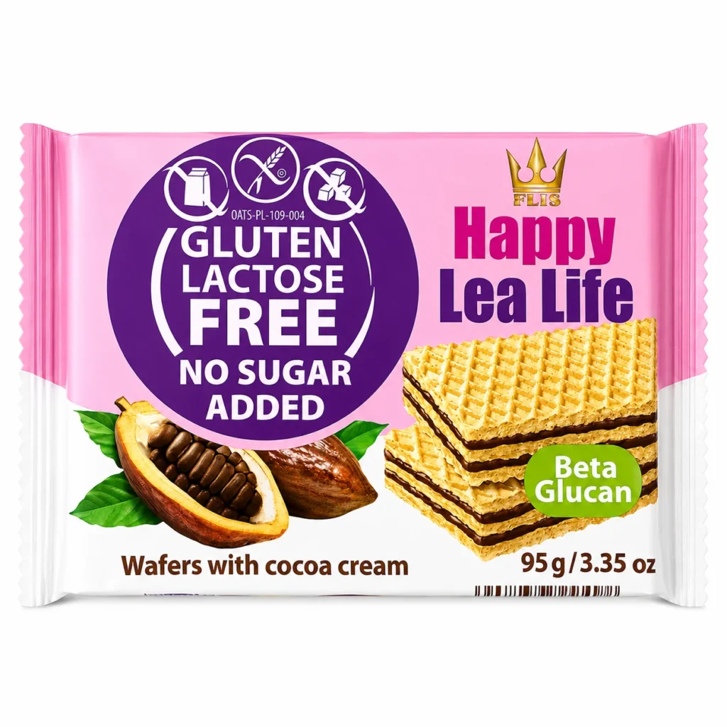 Happy Lea Life gaufrettes cacao sans gluten 95g sur fond blanc
