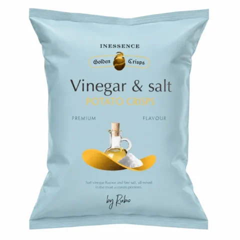 Paquet de chips Inessence Golden Crisps vinaigre et sel sans gluten 125g sur fond blanc