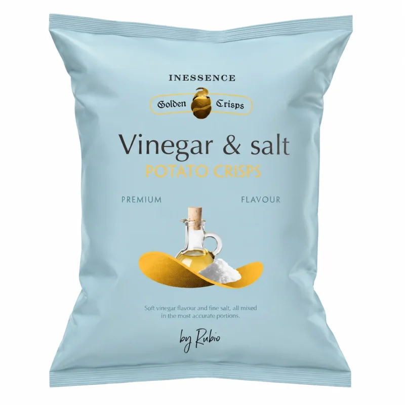 Inessence vinegar and salt Paquet de chips Inessence Golden Crisps vinaigre et sel sans gluten 125g sur fond blanc
