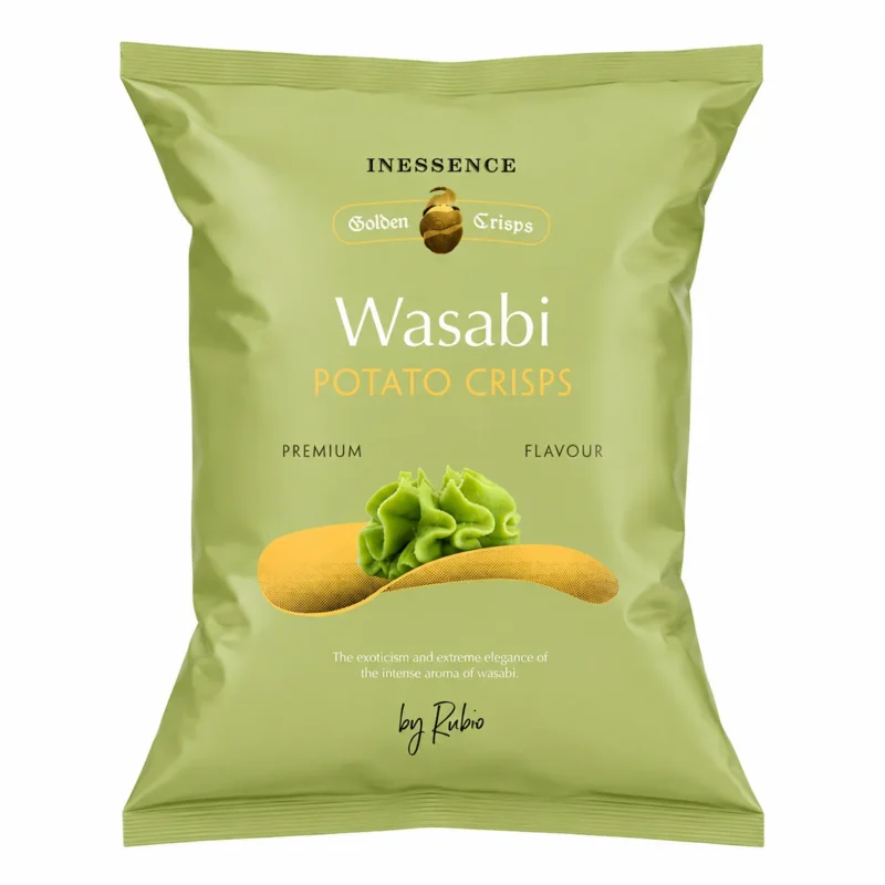 Inessence wasabi 125g Paquet de chips Inessence Golden Crisps saveur wasabi sans gluten 125g sur fond blanc