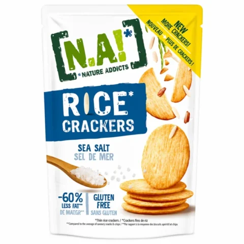 Paquet de N.A! Rice Crackers sel de mer sans gluten 85g sur fond blanc