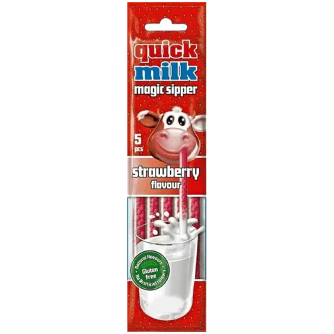 Quick Milk Magic Sipper Strawberry Flavour, 5 pailles aromatisées à la fraise sans gluten pour lait.
