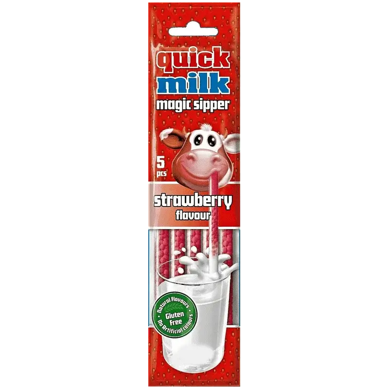 Quick Milk Magic Sipper Fraise Sans Gluten Quick Milk Magic Sipper Strawberry Flavour, 5 pailles aromatisées à la fraise sans gluten pour lait.