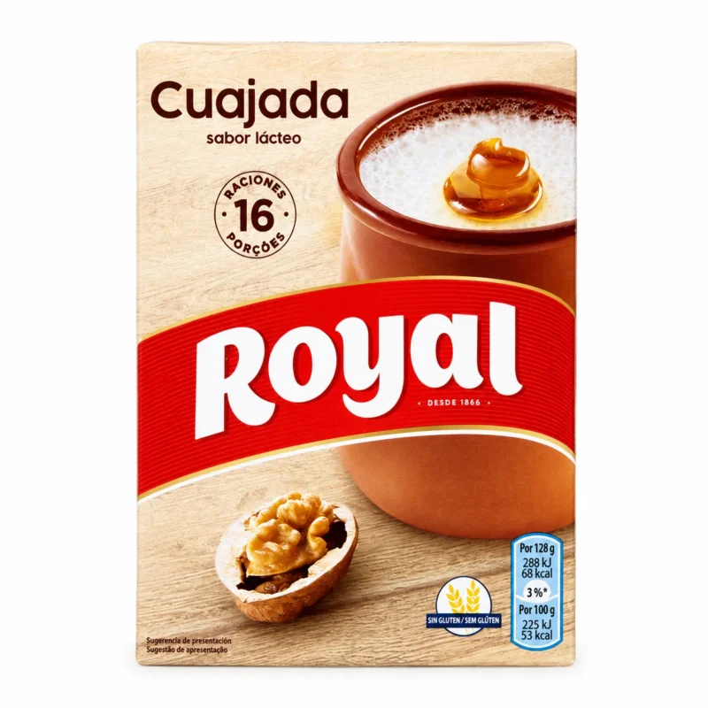 Royal cuajada sabor lácteo 4x12g Boîte Royal Cuajada saveur lactée sans gluten 4x12g sur fond blanc