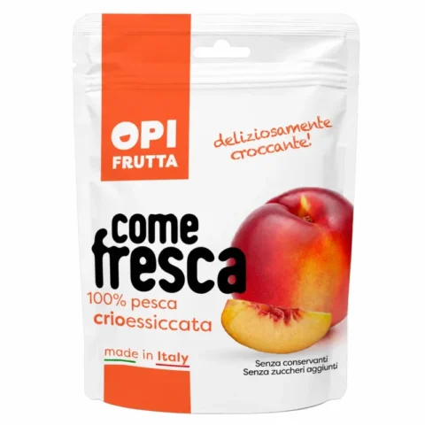 Sachet OPI Frutta pêche croustillante lyophilisée 18g sans gluten sur fond blanc
