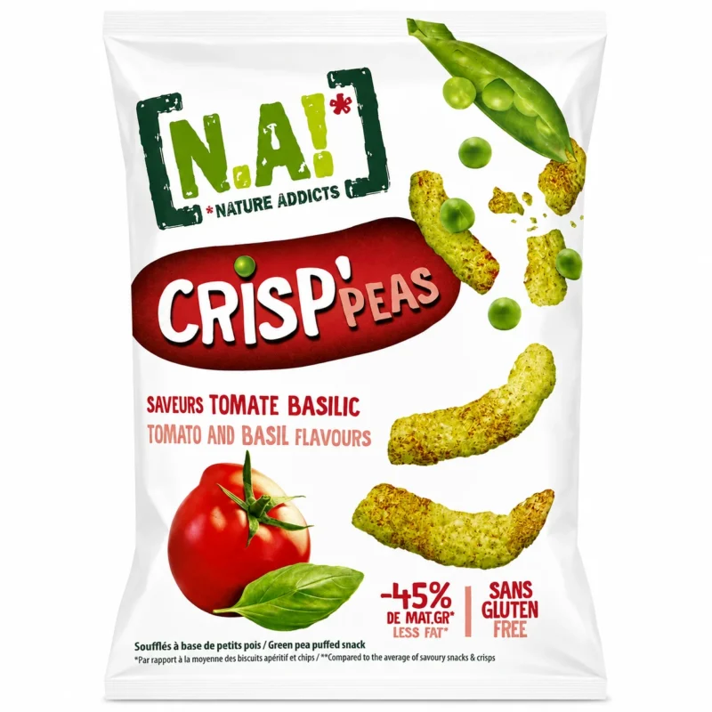 Sac de snacks soufflés goût tomate basilic Paquet de N.A! Crisp’Peas tomate basilic sans gluten 50g sur fond blanc