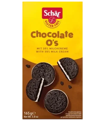 Schär Chocolate O’s 165g, biscuits sans gluten au cacao fourrés à la crème de lait.