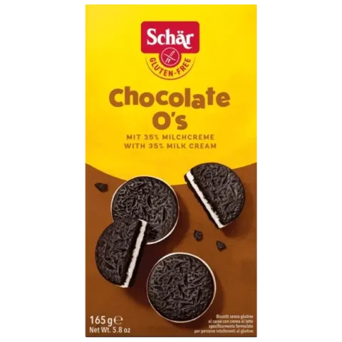 Schär Chocolate O’s 165g, biscuits sans gluten au cacao fourrés à la crème de lait.