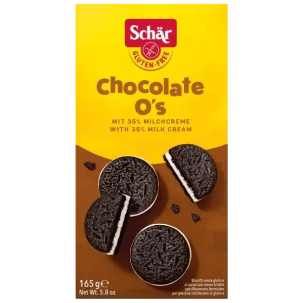 Schär Chocolate O’s 165g, biscuits sans gluten au cacao fourrés à la crème de lait.