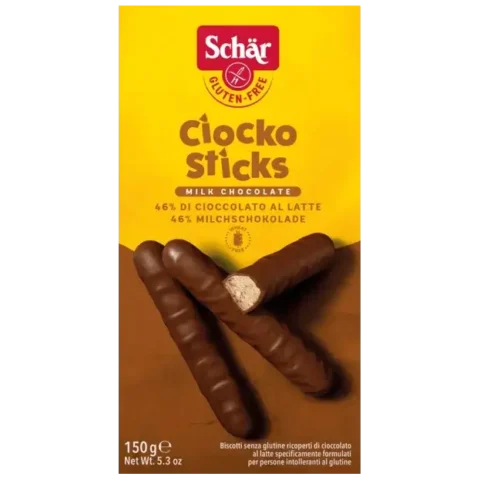 Schär Ciocko Sticks 150g, biscuits sans gluten enrobés de chocolat au lait.
