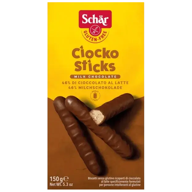 Schär Ciocko Sticks 150g Schär Ciocko Sticks 150g, biscuits sans gluten enrobés de chocolat au lait.