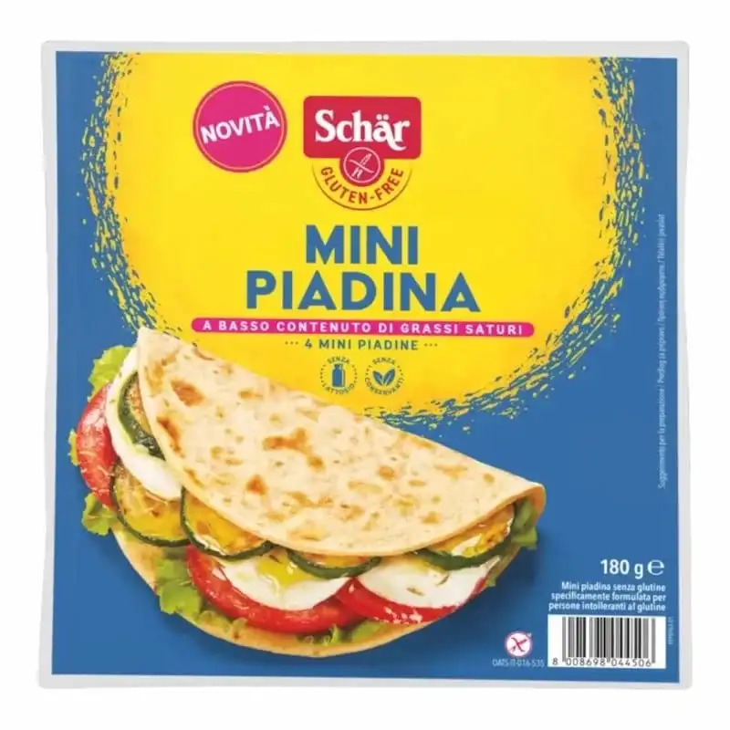 Schär Mini Piadina 180g, pain plat italien sans gluten en 4 mini piadine, idéal pour wraps et sandwichs.