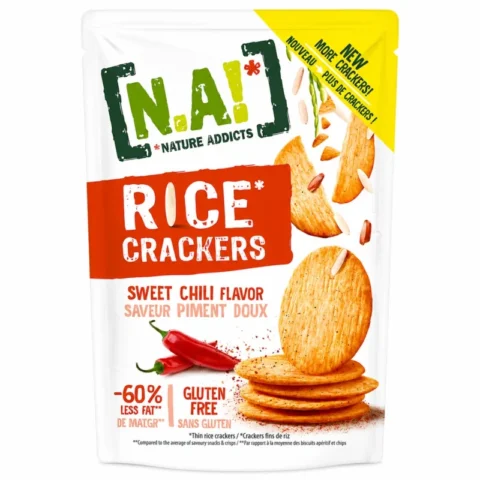 Paquet de N.A! Rice Crackers saveur piment doux sans gluten 85g sur fond blanc
