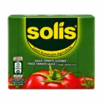 Sauce tomate cuisinée Solís sans gluten emballage vert sur fond blanc