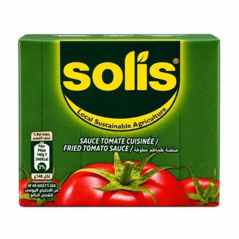 Sauce tomate cuisinée Solís sans gluten emballage vert sur fond blanc