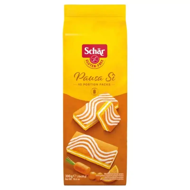 Untitled-design Schär Pausa Sì 300g, gâteaux sans gluten aux carottes et à l’orange en 10 portions individuelles.