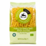 Paquet de fusilli Alce Nero bio sans gluten au maïs et riz italiens 250g sur fond blanc