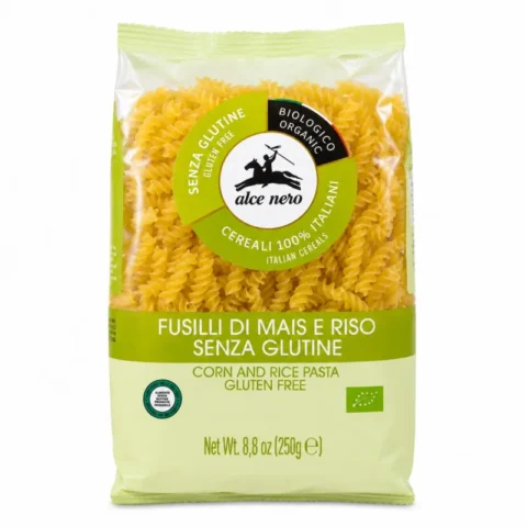 Paquet de fusilli Alce Nero bio sans gluten au maïs et riz italiens 250g sur fond blanc
