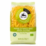 Paquet de penne Alce Nero bio sans gluten au maïs et riz italiens 250g sur fond blanc